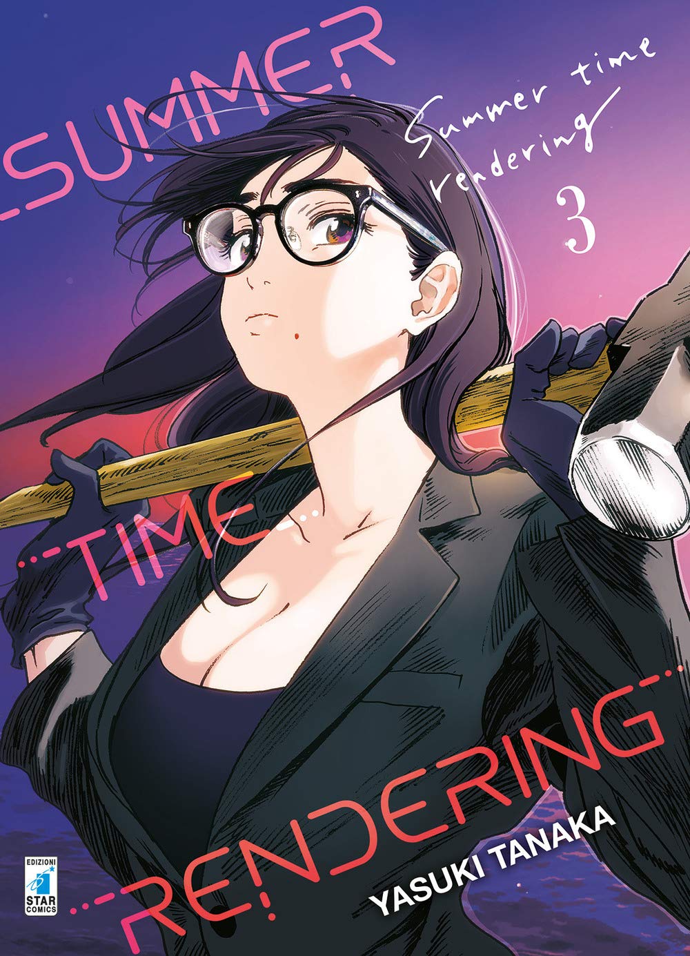 Copertina del manga Summer Time Rendering Vol. 3. In primo piano, sotto un suggestivo cielo sfumato dai colori del tramonto, spicca il personaggio di Ryunosuke Nagumo (Hizuru Minakata). La donna indossa un elegante tailleur scuro, guanti neri, occhiali da vista rotondi e ha un'espressione fredda e determinata. Sulla spalla regge con disinvoltura un pesante martello da lavoro. Il titolo della serie è scritto in grande con caratteri rosa, mentre in basso compare il logo Star Comics.