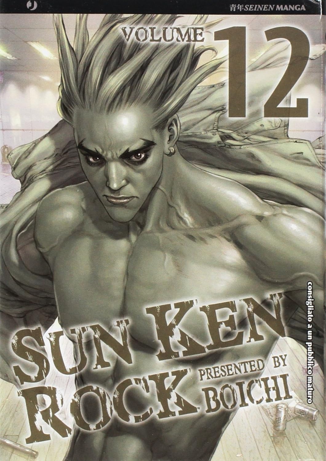 Copertina del manga Sun Ken Rock Vol. 12 caratterizzata da toni grigio-verdi; il protagonista Ken è a petto nudo, molto muscoloso, con un'espressione seria e una giacca che gli scivola dalle spalle.