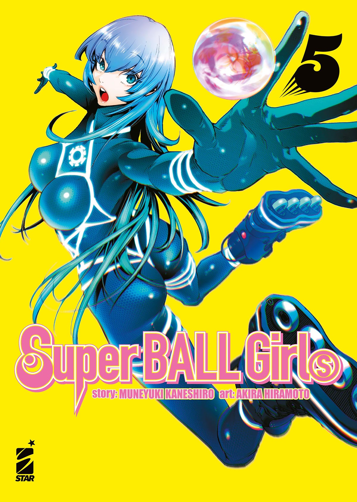 Copertina del manga Super Ball Girls volume 5. Una ragazza con capelli azzurri e una tuta blu aderente è ritratta in una posa dinamica su uno sfondo giallo acceso.