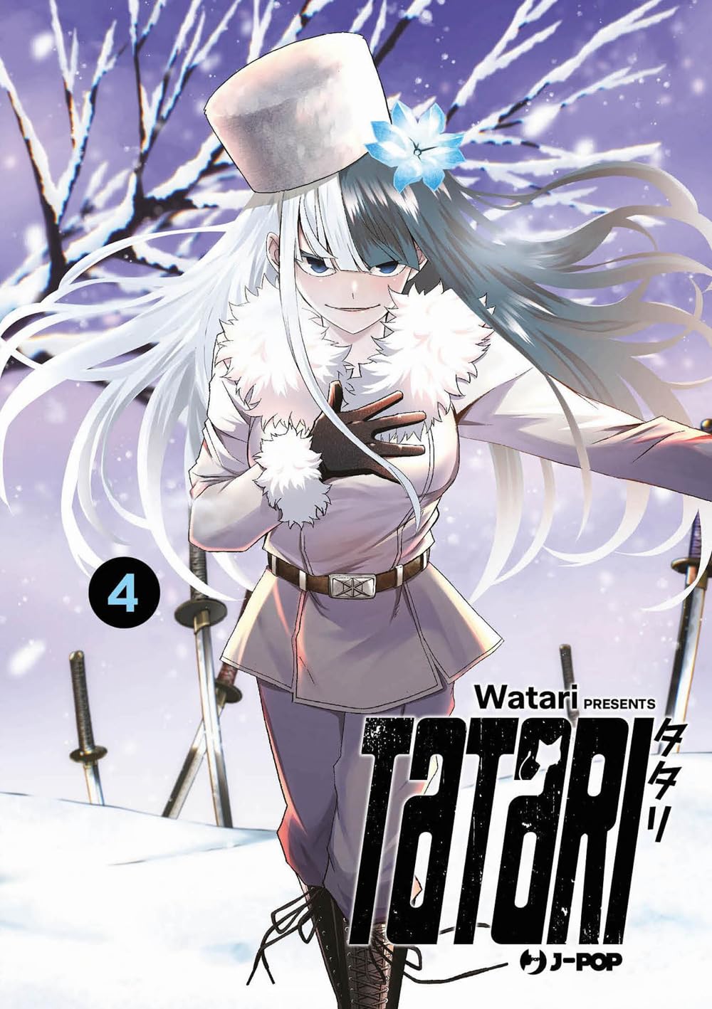 Copertina del manga Tatari volume 4 edito da J-POP; l'illustrazione mostra un personaggio dai capelli bicolori (bianchi e neri) con un cappello e un abito invernale bianco bordato di pelliccia, in posa dinamica su uno sfondo innevato costellato di spade.