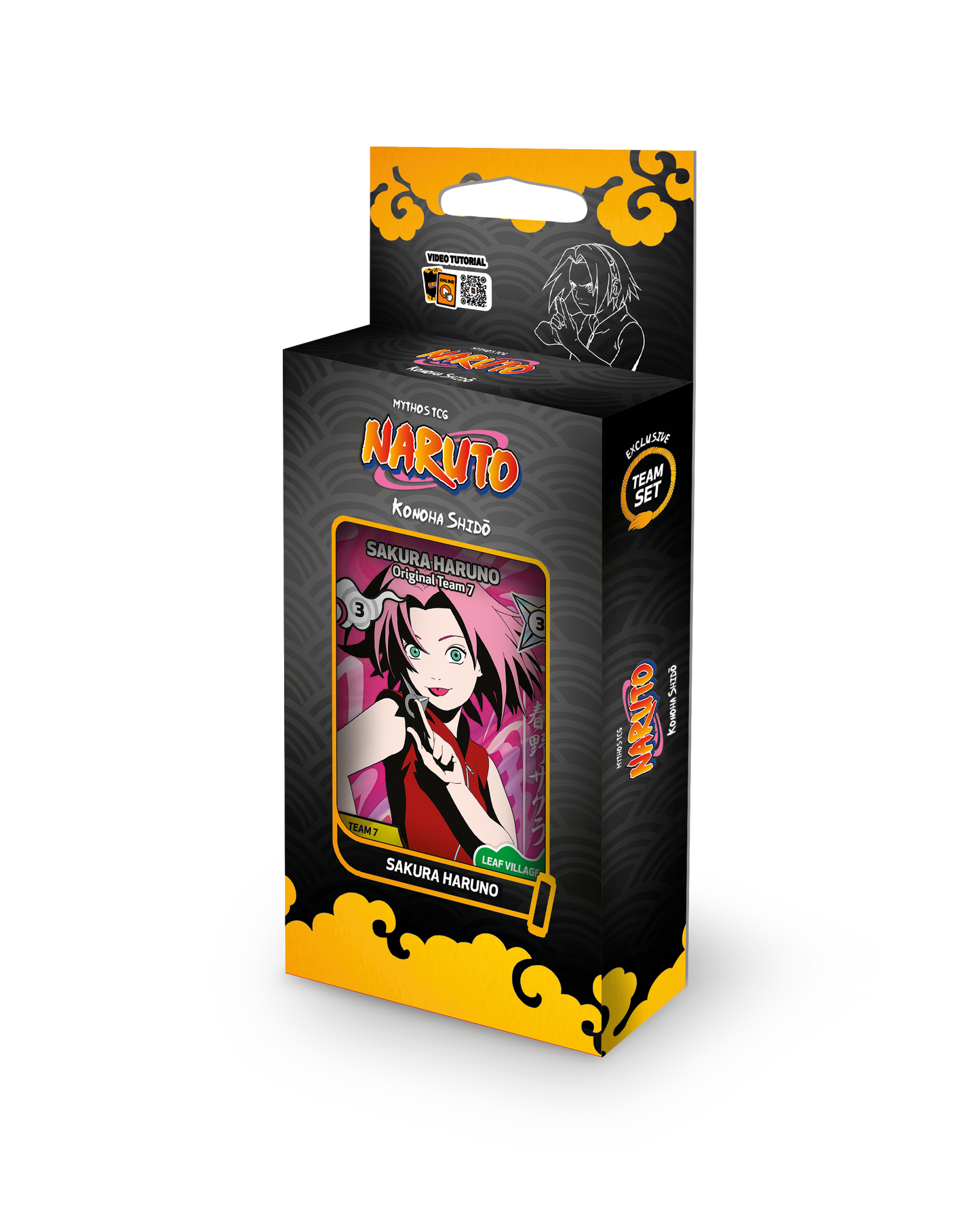 Confezione del Team Set Box dedicato a Sakura per il gioco di carte collezionabili Naruto Mythos TCG Konoha Shido. La scatola presenta un design nero con motivi a onde e bordi gialli a forma di nuvola. In primo piano è visibile la carta di Sakura Haruno, ritratta sorridente e con un kunai in mano su uno sfondo fucsia.