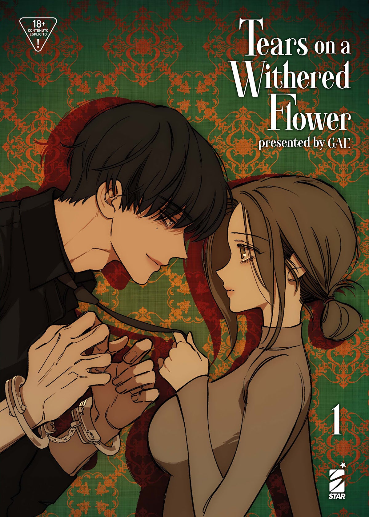 Copertina del manhwa Tears On a Withered Flower Vol. 1 di GAE edito da Star Comics con Haesu e Taeha vicini su sfondo decorato verde.