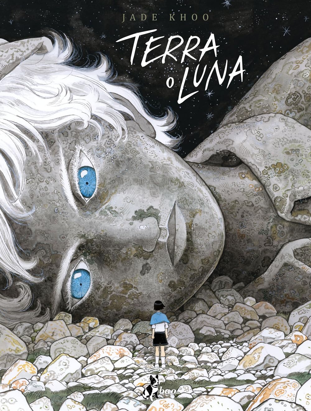 Copertina del graphic novel 'Terra e Luna Vol. 1' (BAO Publishing) con un imponente colosso di pietra giacente a terra e un personaggio in primo piano.