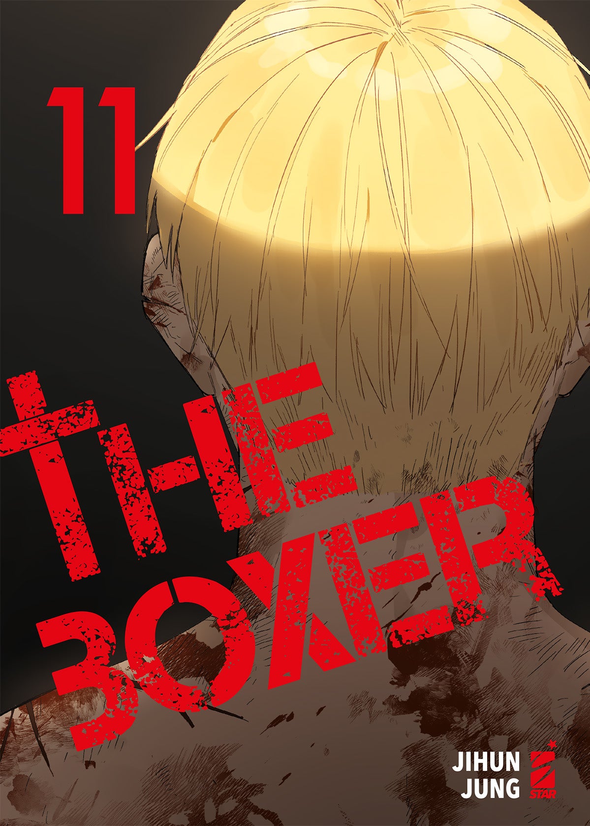 Copertina di The Boxer 11. Inquadratura posteriore della testa e del collo di un ragazzo biondo ferito, su sfondo nero.