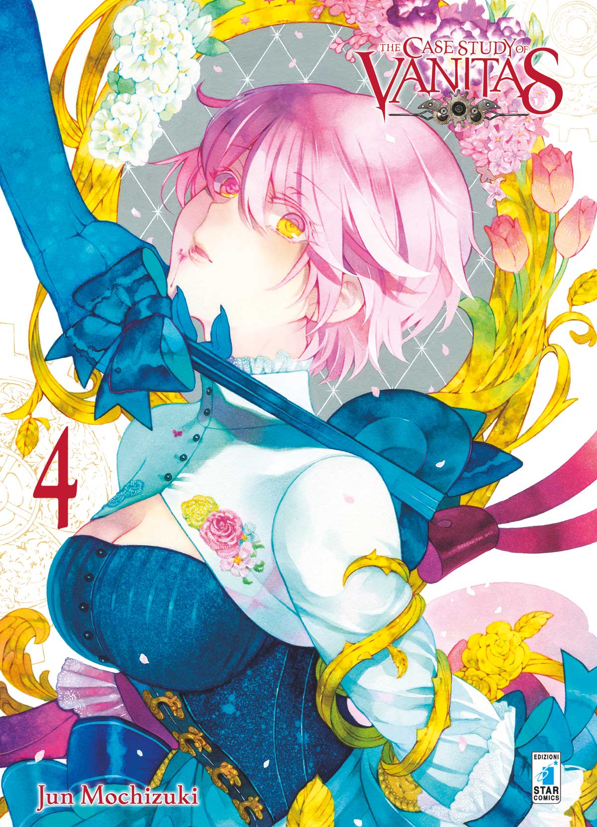 Copertina del quarto volume in italiano del manga 'The Case Study of Vanitas' di Jun Mochizuki, edito da Star Comics. L'illustrazione artistica ritrae in primo piano la guerriera Jeanne con corti capelli rosa, intensi occhi gialli, una camicetta bianca decorata da ricami floreali sul petto e un corsetto blu scuro, incorniciata da decorazioni dorate stile barocco e fiori rosa, con il numero 4 in rosso a sinistra, il titolo THE CASE STUDY OF VANITAS in alto a destra e il logo Star Comics in basso a destra.