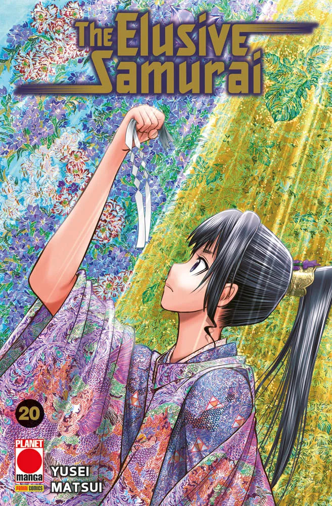 Copertina del ventesimo volume di The Elusive Samurai, che mostra Tokiyuki di profilo in un kimono decorato mentre solleva un nastro bianco verso l'alto, su uno sfondo floreale diviso tra tonalità viola e dorate.