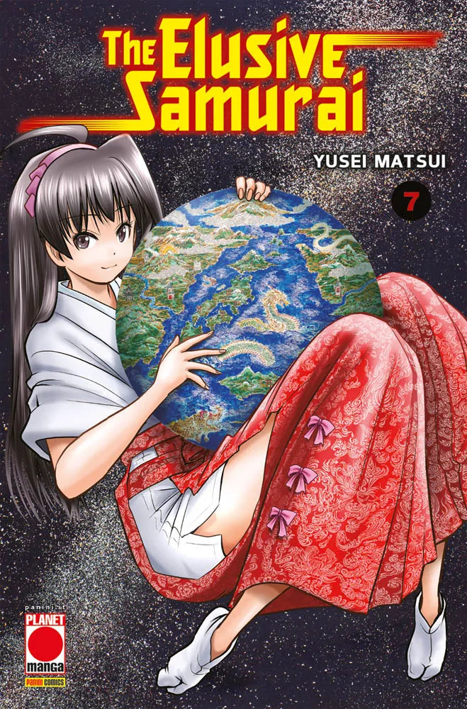 Copertina del manga The Elusive Samurai Vol. 7 (Planet Manga). Tokiyuki, con un'elegante veste bianca e rossa, tiene tra le mani una sfera che raffigura una mappa del Giappone antico su sfondo stellato.