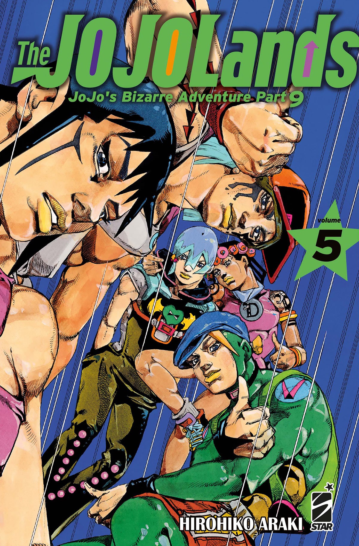 Copertina del manga The JOJOLands Volume 5; l'illustrazione dai colori vivaci mostra Jodio Joestar in primo piano con una felpa verde che fa il segno del pollice in su, circondato dagli altri membri della banda come Dragona e Paco, su uno sfondo a righe blu.