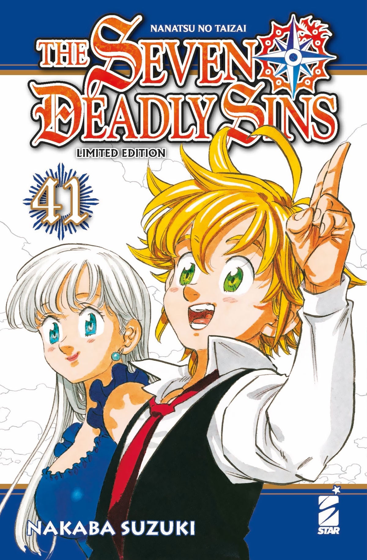 Copertina del quarantunesimo e ultimo volume in versione Limited Edition del manga 'The Seven Deadly Sins' di Nakaba Suzuki, edito da Star Comics. L'illustrazione ritrae in primo piano Meliodas sorridente con capelli biondi e dito indice puntato verso l'alto, affiancato da Elizabeth con capelli d'argento e abito blu, sotto il titolo principale della serie con l'indicazione 'Limited Edition' e il numero 41.