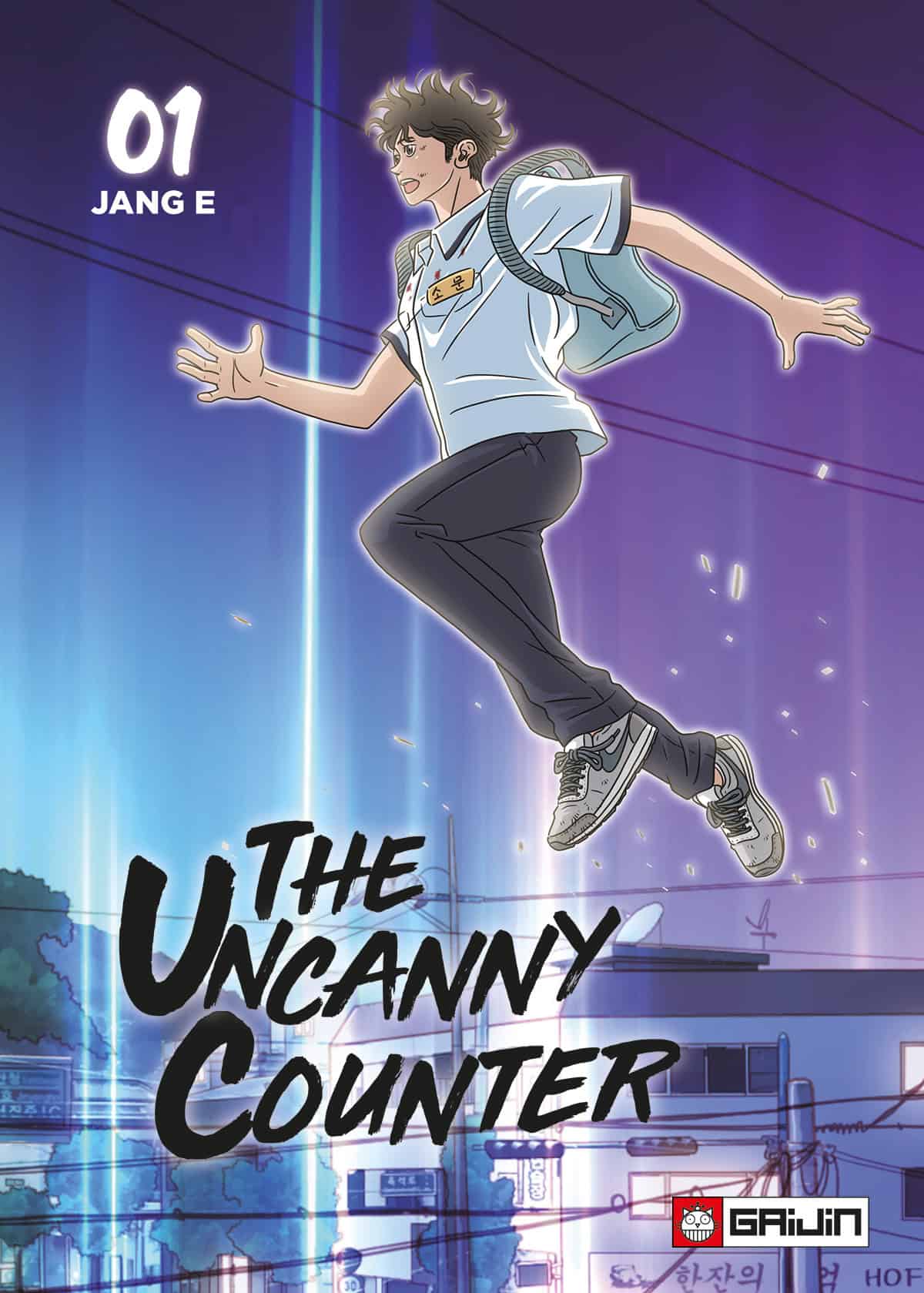 Copertina del manhwa The Uncanny Counter Vol. 1 edito da Gaijin; l'illustrazione mostra il protagonista So Mun con lo zaino in spalla mentre salta dinamicamente in aria sopra le strade notturne della città.