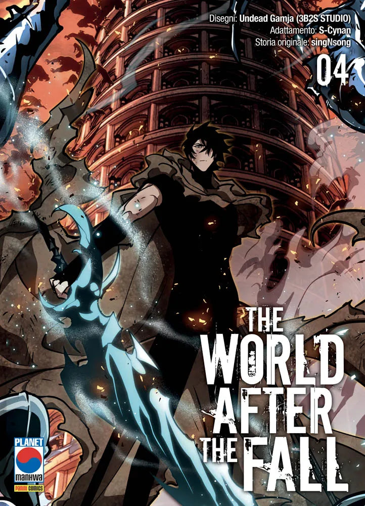 Copertina del quarto volume del manhwa 'The World After The Fall' di singNsong, S-Cynan e Undead Gamja, edito da Panini Planet Manga. L'illustrazione ritrae il protagonista Jaehwan che impugna una spada ricoperta da un'aura azzurra con un'imponente torre circolare sullo sfondo, affiancato dal titolo in bianco e dal numero 04 in alto a destra.