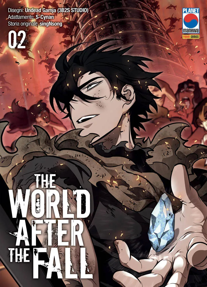 Copertina del secondo volume del manhwa The World After The Fall. In primo piano, il protagonista Jaehwan, con corti capelli neri scompigliati e abiti logori scuri e strappati, mostra un'espressione risoluta guardando verso sinistra; la sua mano è protesa in avanti e tiene in levitazione un cristallo azzurro luminoso. Sullo sfondo, immersa in un'atmosfera rossastra e apocalittica, si erge l'imponente struttura circolare della Torre dell'Incubo, circondata da innumerevoli figure umane sofferenti. In basso a