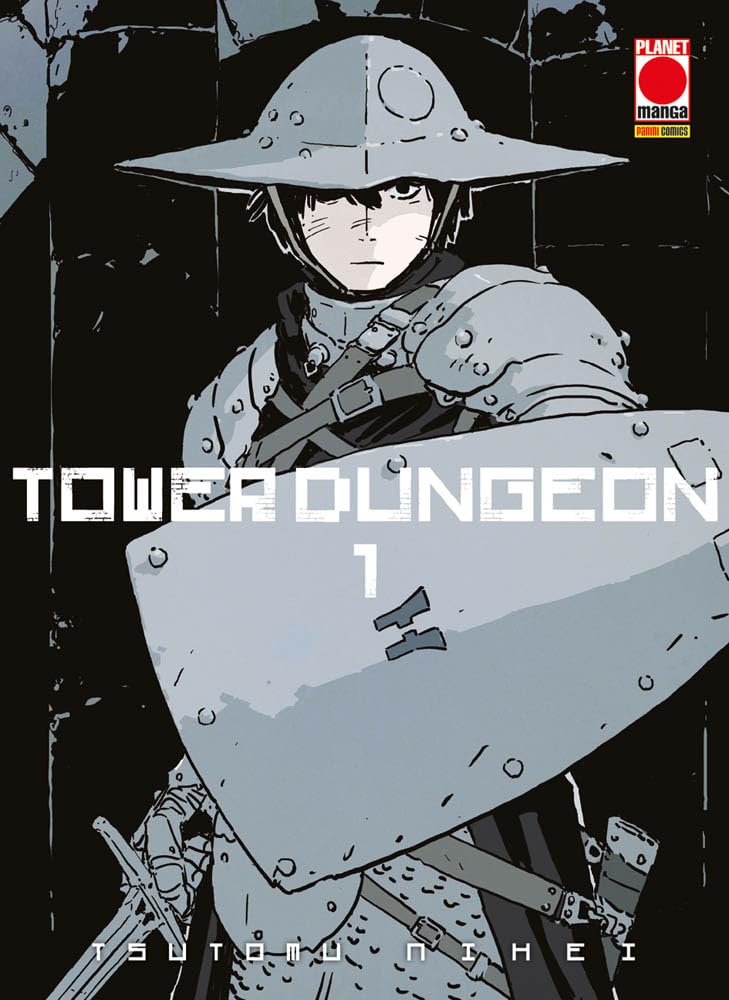 Copertina del primo volume in italiano del manga fantasy 'Tower Dungeon' di Tsutomu Nihei, edito da Panini Planet Manga. L'illustrazione in stile scuro e tratteggiato mostra in primo piano il protagonista Yuva indossare un elmo di metallo a falda larga, armatura e tenere davanti a sé un grande scudo grigio chiaro.