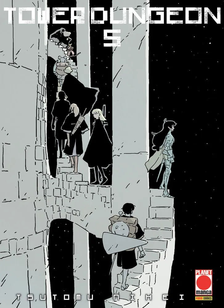 Copertina del manga Tower Dungeon Vol. 5, edito da Panini Planet Manga. L'illustrazione, caratterizzata dal tipico stile minimale e architettonico dell'autore giocato sui toni del bianco, nero e grigio, mostra una ripida scalinata di pietra che si avvolge intorno a imponenti pilastri e torrioni. La struttura si staglia contro un profondo cielo notturno nero e stellato. Sulle scale si vedono diversi personaggi in fase di ascesa: in basso un esploratore di schiena con un voluminoso zaino e uno scudo conico.