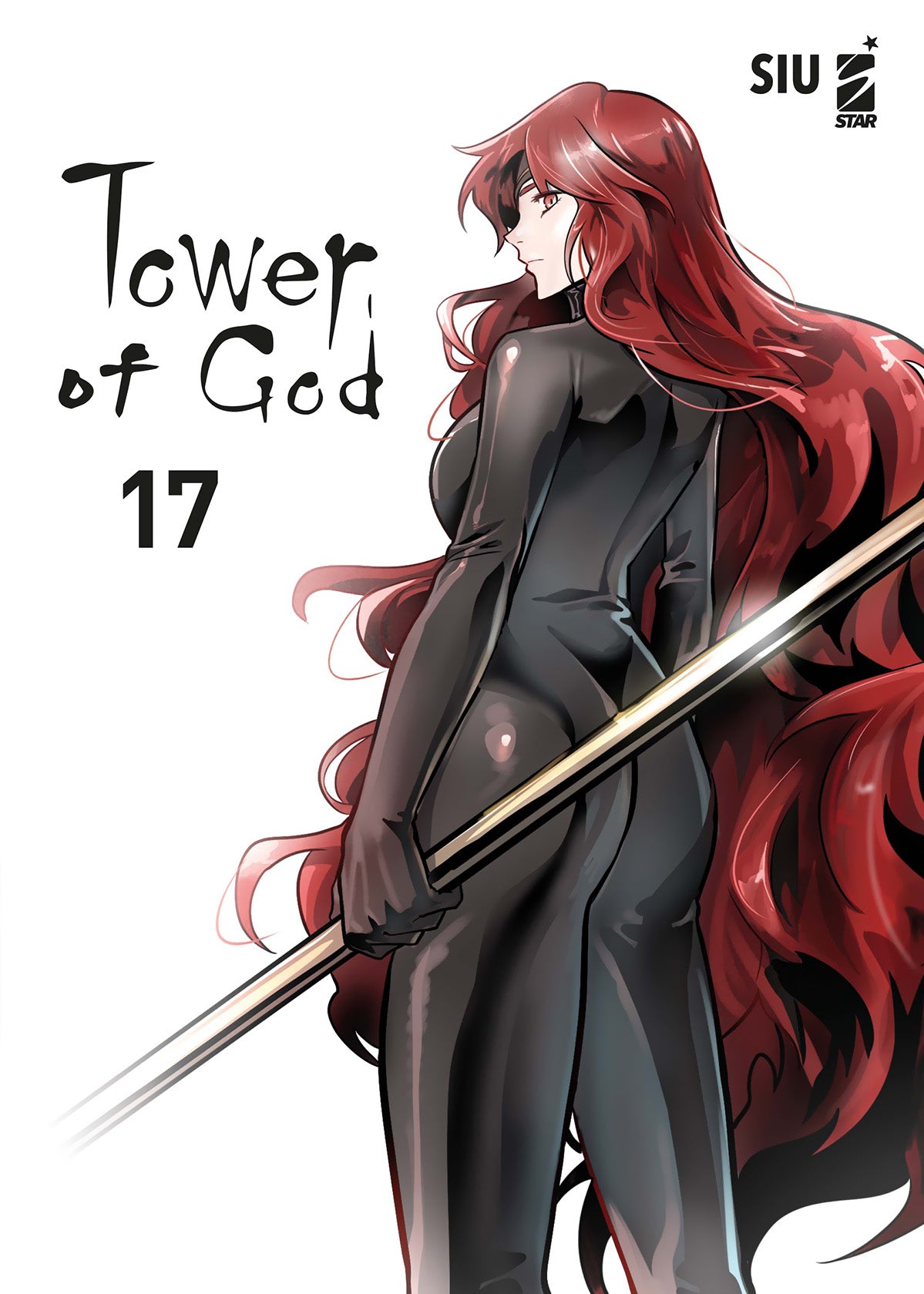 Copertina del manhwa Tower of God volume 17. L'illustrazione su sfondo bianco mostra una ragazza inquadrata di schiena con lunghissimi e voluminosi capelli rossi e una benda scura sull'occhio destro, che guarda indietro oltre la propria spalla sinistra. Indossa una tuta aderente completamente nera e impugna una lunga asta liscia. In alto a sinistra spicca il titolo "Tower of God 17", mentre in alto a destra si trovano la firma dell'autore SIU e il logo Star.