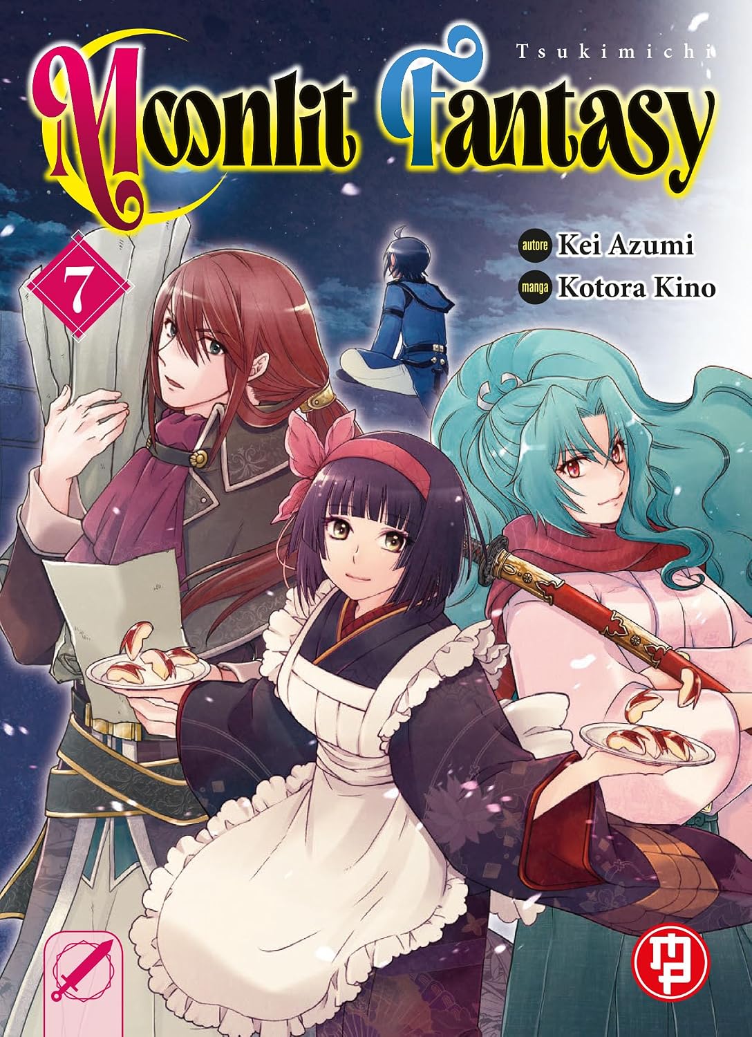 Copertina del settimo volume in italiano del manga 'Tsukimichi Moonlit Fantasy' di Kei Azumi e Kotora Kino, edito da Magic Press. L'illustrazione su uno sfondo notturno stellato e innevato ritrae in primo piano una ragazza dai capelli scuri a caschetto in abito da cameriera con fiocco rosa che offre un piattino con fette di mela, affiancata da Tomoe dai lunghi capelli azzurro-verdi con katana, un uomo dai lunghi capelli rossi a sinistra e la silhouette di Makoto seduto di schiena sullo sfondo, sormontati da