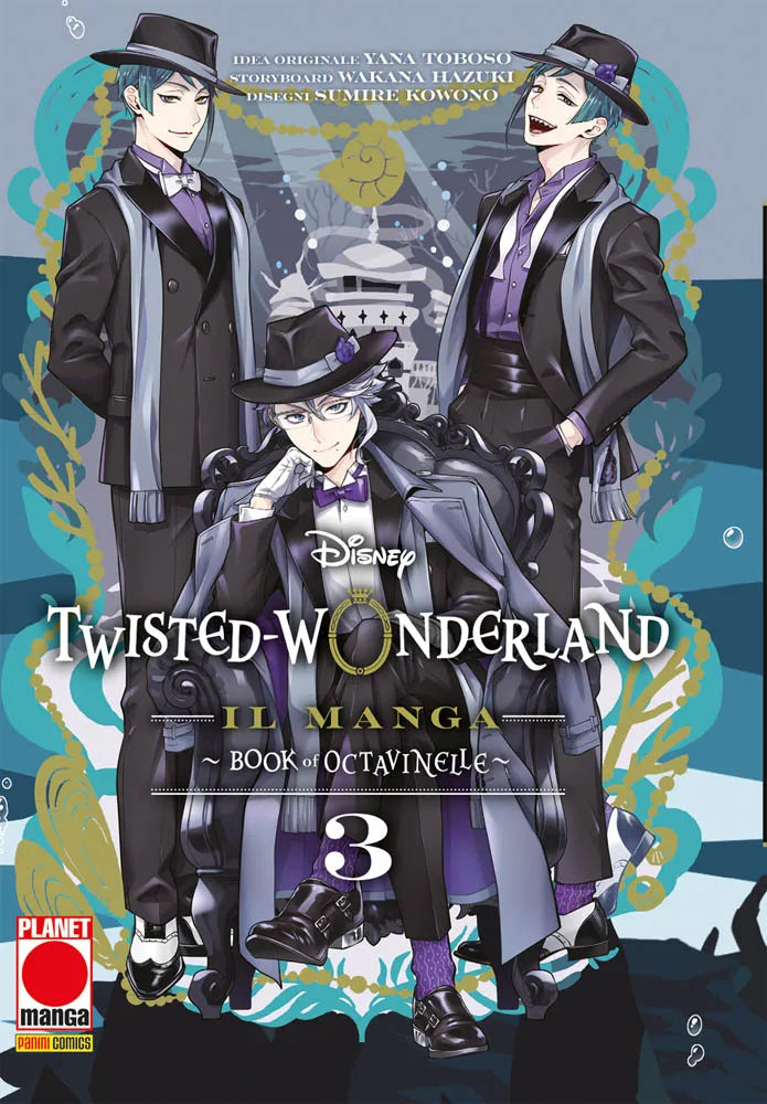 Copertina del manga Twisted-Wonderland: Book of Octavinelle volume 3. Tre ragazzi eleganti in completi scuri, sciarpe azzurre e cappelli neri posano in un ambiente sottomarino.
