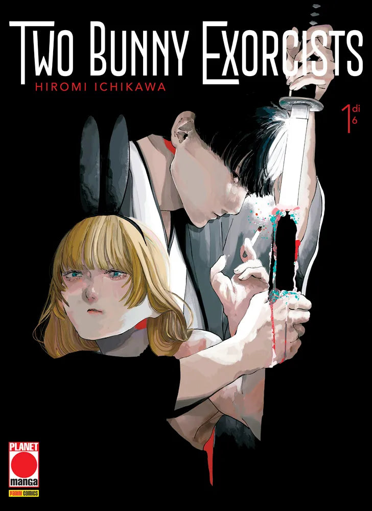 Copertina del primo volume del manga Two Bunny Exorcists di Hiromi Ichikawa, con la dicitura "1 di 6". Su uno sfondo completamente nero, l'illustrazione mostra in primo piano una ragazza dai capelli biondi e lo sguardo malinconico che indossa delle orecchie da coniglio nere; dietro di lei, un ragazzo con i capelli scuri fuma una sigaretta mentre solleva e impugna una katana lucida, caratterizzata da macchie e schizzi di colore azzurro, fucsia e rosso sangue lungo la lama. In basso a sinistra compare il logo