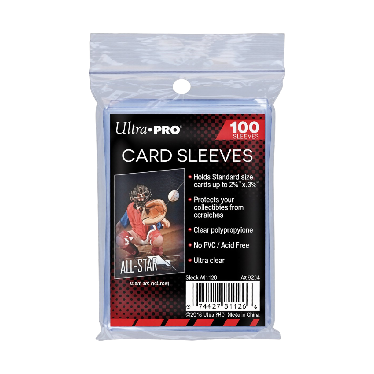 Confezione di 100 bustine protettive morbide e trasparenti 'Card Sleeves' formato Standard prodotte da Ultra-Pro, con etichetta interna nera e rossa raffigurante un giocatore di baseball e specifiche del prodotto.