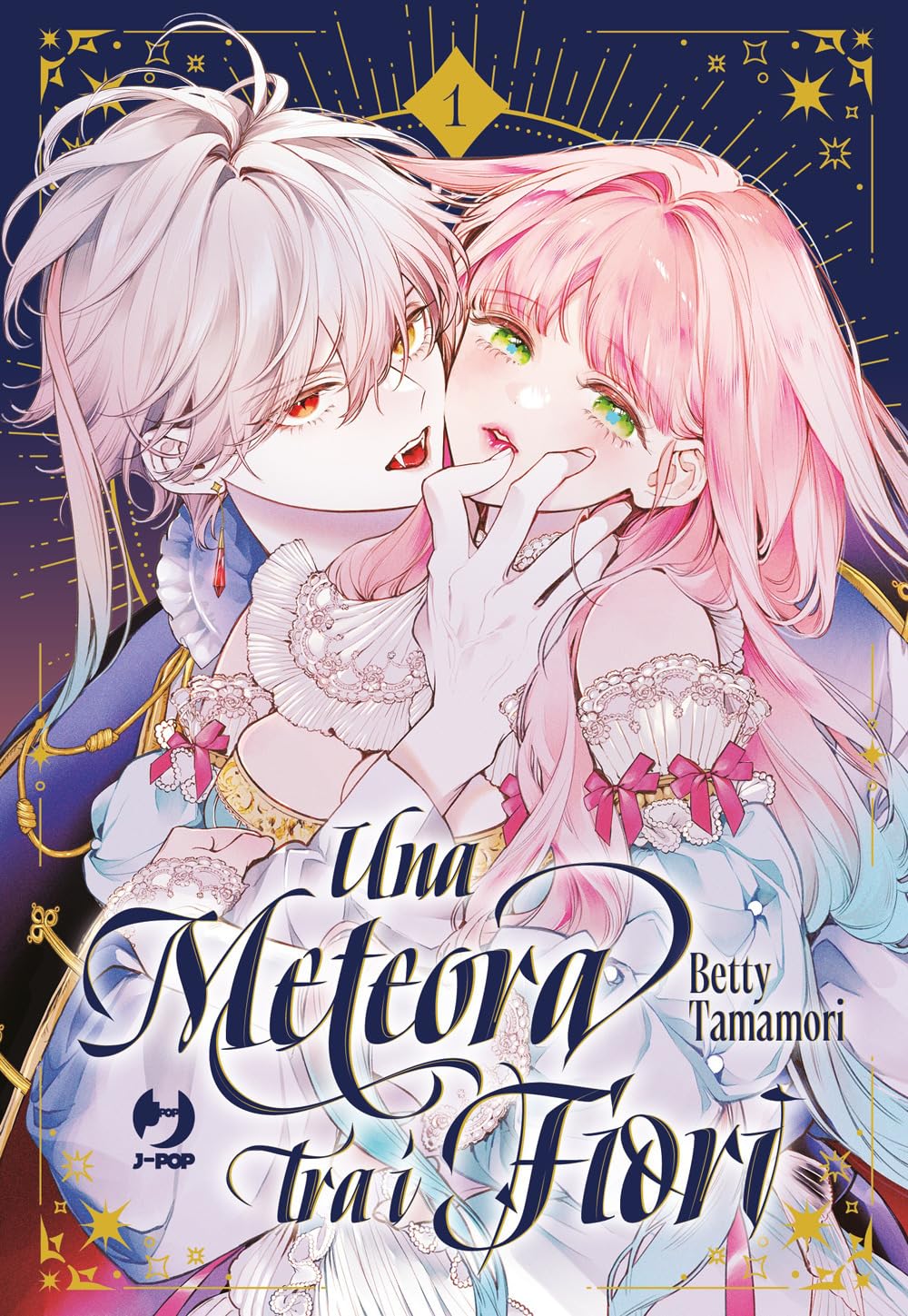 Copertina del manga Una Meteora Tra i Fiori 1. Un affascinante vampiro dai capelli bianchi e occhi chiari abbraccia dolcemente una fanciulla dai capelli rosa.