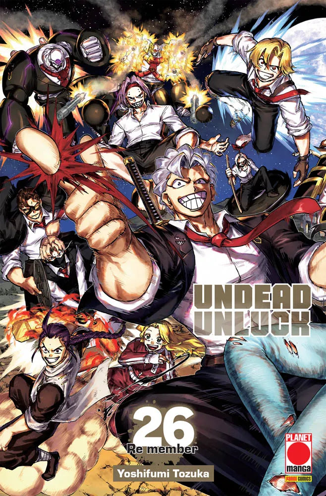 Copertina del manga Undead Unluck volume 26. Il protagonista Andy sorride in primo piano circondato da tutti i membri della Union in posizioni dinamiche.