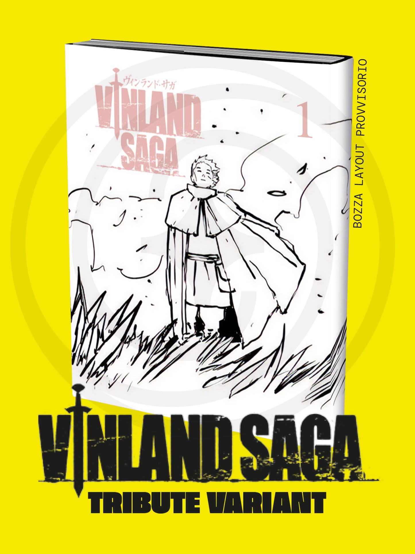 Copertina Tribute Variant del manga Vinland Saga Vol. 1; illustrazione artistica realizzata da Massimo Dall'Oglio che ritrae i protagonisti con il suo stile distintivo.
