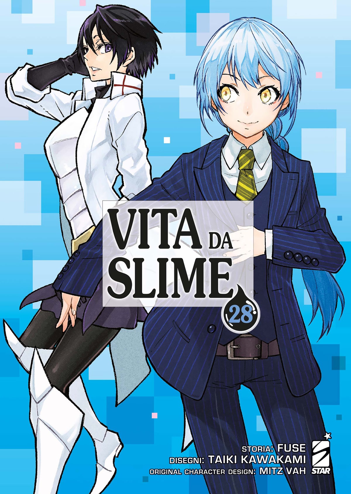 Copertina del manga Vita da Slime Vol. 28 edito da Star Comics. L'illustrazione mostra due personaggi su uno sfondo azzurro decorato con quadrati geometrici chiari. In primo piano a destra c'è Limur Tempest, con i capelli azzurri raccolti e vivaci occhi gialli, elegantemente vestito con un completo gessato blu scuro, camicia bianca e cravatta a strisce gialle e verdi. Dietro di lui a sinistra, si trova una figura con i capelli neri corti, che indossa un lungo cappotto bianco aperto, guanti neri, calze scure