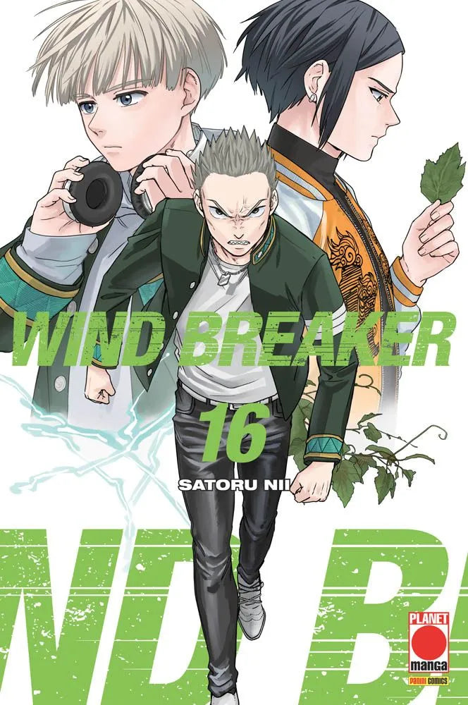 Copertina del manga Wind Breaker volume 16 edito da Planet Manga; l'illustrazione mostra tre personaggi: al centro un ragazzo con giacca verde scura in posa di marcia determinata, affiancato sullo sfondo da altri due compagni, uno biondo con le cuffie al collo e l'altro con i capelli scuri che tiene in mano una foglia.