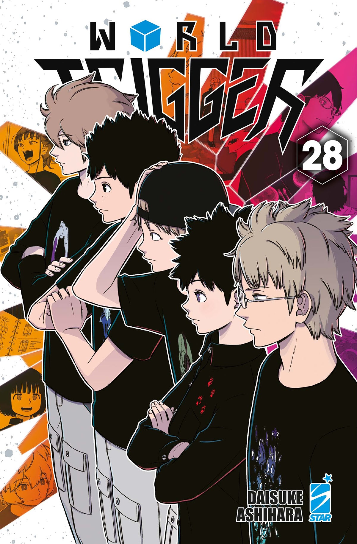 Copertina del manga World Trigger Vol. 28, scritto e disegnato da Daisuke Ashihara ed edito da Star Comics. L'illustrazione principale mostra cinque ragazzi ritratti di profilo, allineati e rivolti verso sinistra con espressioni serie e concentrate. I personaggi indossano un abbigliamento casual scuro, principalmente magliette nere con stampe e pantaloni chiari stile cargo; uno dei ragazzi al centro porta un cappellino da baseball con la visiera girata all'indietro,