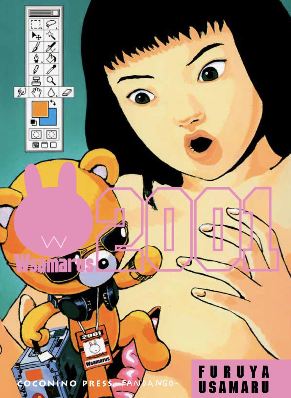 Copertina del volume Wsamarus 2001 di Furuya Usamaru. L'illustrazione mostra in primo piano una ragazza con capelli neri corti e un'espressione di stupore (bocca spalancata). Accanto a lei, un orsetto arancione con occhiali da sole e cuffie al collo regge un dispositivo elettronico. In alto a sinistra è riprodotta la barra degli strumenti di un software di grafica. Sullo sfondo campeggia il numero "2001" in rosa trasparente. In basso i loghi Coconino Press Fandango e il nome dell'autore.