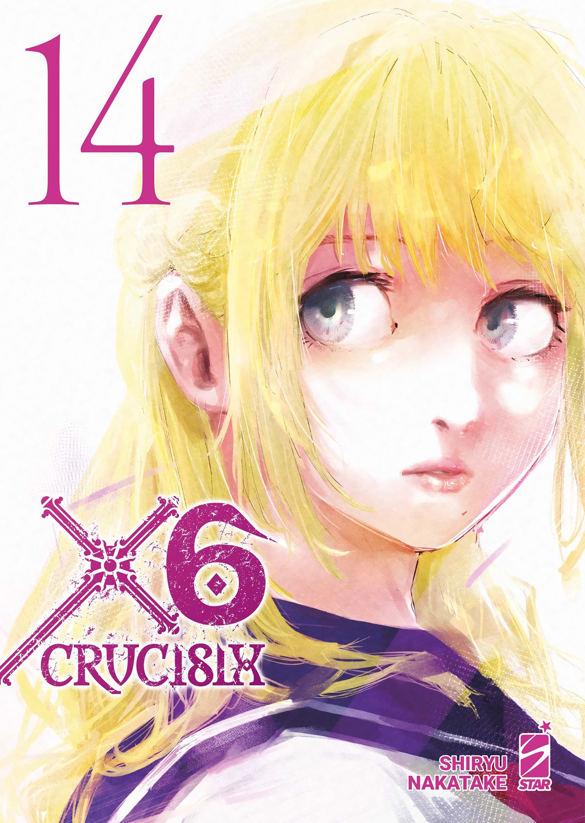 Copertina del quattordicesimo volume del manga X6 - Crucisix. Illustrazione in stile acquerello dai toni chiari e luminosi che ritrae il viso in primo piano di una giovane ragazza dai capelli biondi e i grandi occhi azzurri. La sua espressione è tesa, assorta e leggermente sorpresa, mentre lo sguardo è rivolto verso destra. Sulla sinistra spicca il logo della serie in viola acceso.