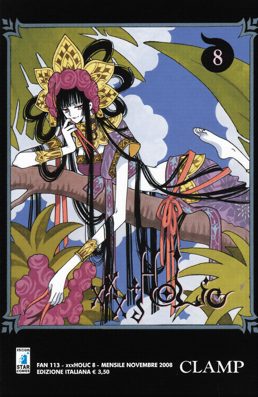Copertina dell'ottavo volume in italiano del manga 'xxxHoLic' delle CLAMP, edito da Star Comics. L'illustrazione artistica incorniciata ritrae Yuko Ichihara adagiata su un ramo d'albero con un elaborato copricapo floreale rosa e dorato, lunghi e fluenti capelli neri che ricadono verso il basso e abiti viola, su uno sfondo di cielo azzurro e nuvole bianche, sormontata dal numero 8 in un cerchio nero in alto a destra, dal titolo xxxHolic in basso e dai loghi Star Comics e CLAMP in calce.