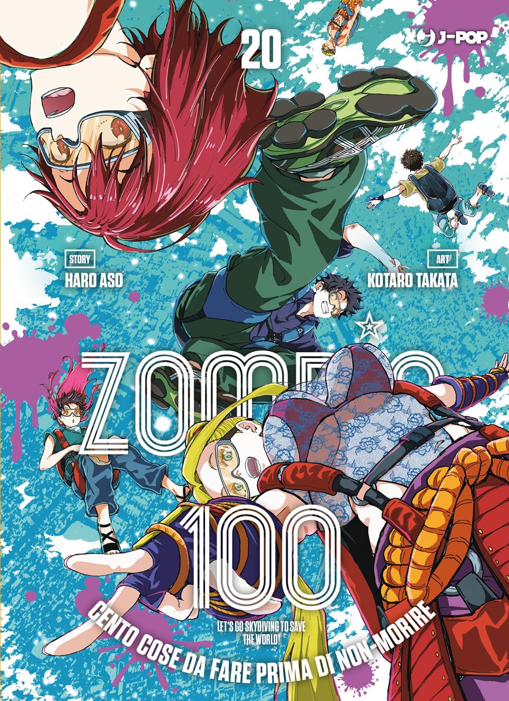 Copertina del ventesimo volume in italiano del manga 'Zombie 100 - Cento cose da fare prima di non-morire' di Haro Aso e Kotaro Takata, edito da J-POP Manga. L'illustrazione dinamica e colorata mostra i protagonisti mentre effettuano un lancio in paracadute nel cielo azzurro tra nuvole e macchie di pittura fucsia, con una ragazza dai capelli rossi e occhiali in primo piano capovolta, il numero 20 in alto e la scritta del titolo ZOM 100 al centro
