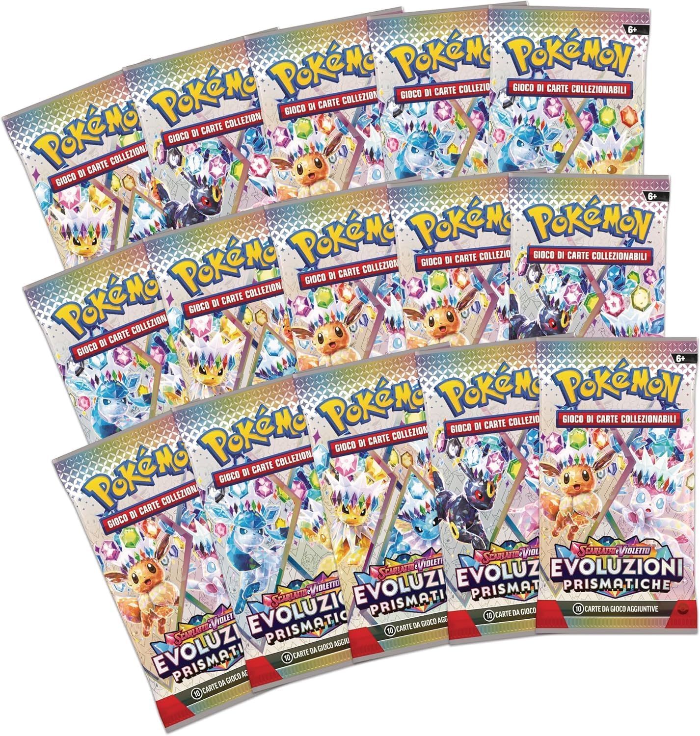 Grande confezione premium rettangolare della Collezione Speciale Super Premium di Pokémon Scarlatto e Violetto - Evoluzioni Prismatiche, con sfondo a gradiente sfumato dall'azzurro al verde caratterizzato dalle silhouette delle Eeveelutions e una grande illustrazione stilizzata di Eevee in forma Teracristal Astrale sul lato destro.