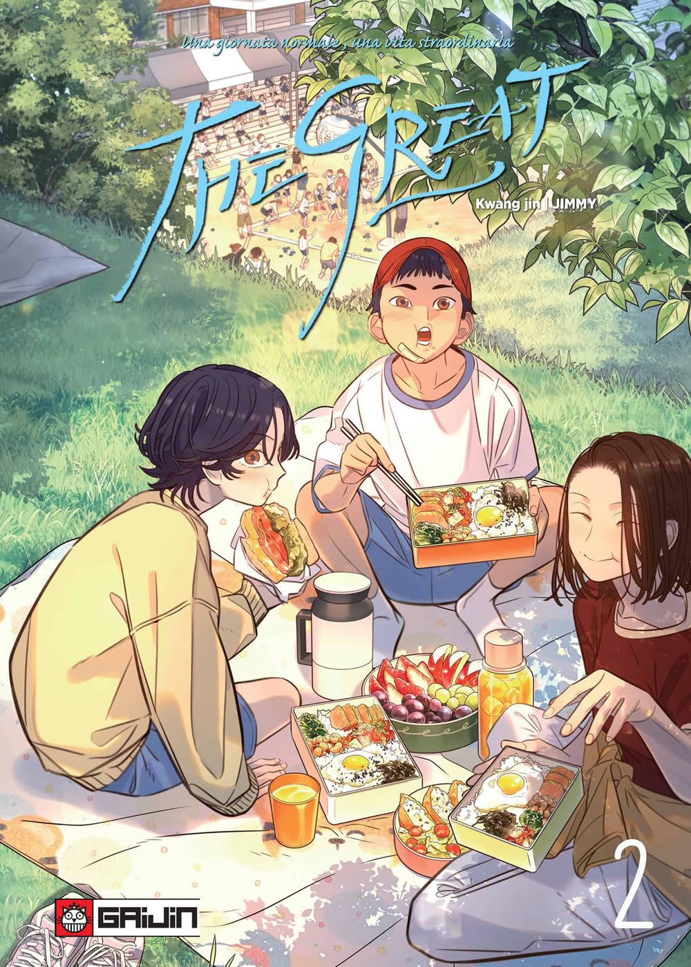 Copertina del manhwa The Great volume 2. Illustrazione di tre ragazzi che fanno un allegro picnic seduti su una coperta in un prato verde, gustando colorati bento e panini.