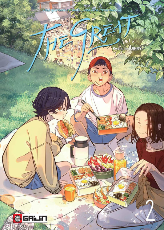 Copertina del manhwa The Great volume 2. Illustrazione di tre ragazzi che fanno un allegro picnic seduti su una coperta in un prato verde, gustando colorati bento e panini.