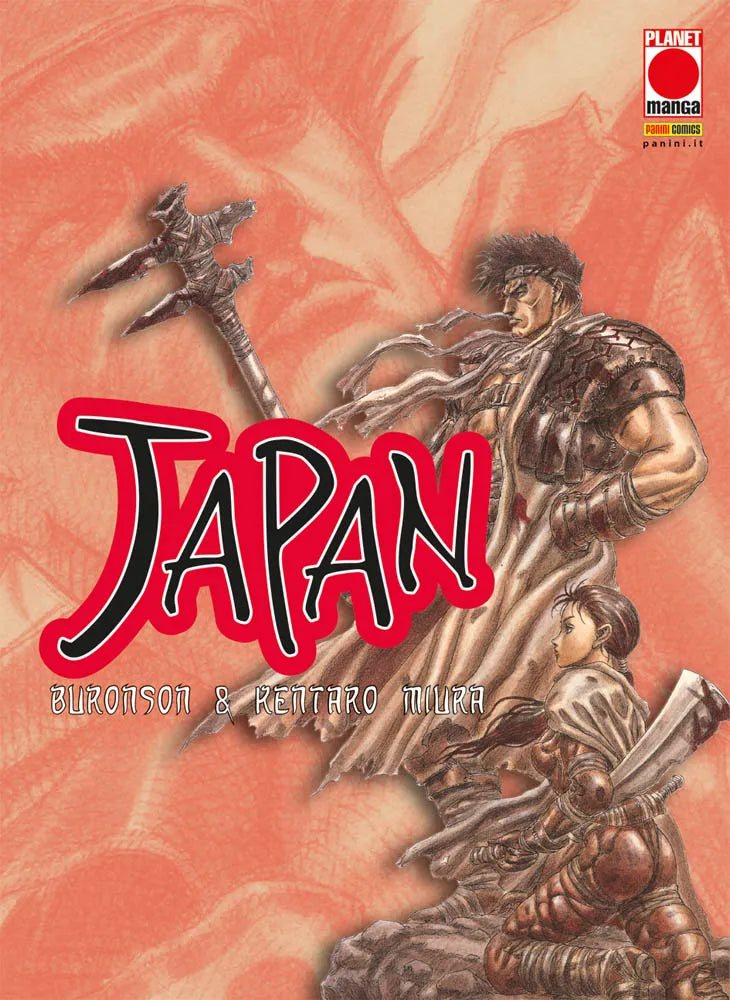 Copertina del volume unico in italiano del manga 'Japan' di Buronson e Kentaro Miura, edito da Panini Planet Manga. L'illustrazione su uno sfondo dai toni terrosi e rosati mostra in primo piano il massiccio protagonista Yashida in veste di guerriero con mantello lacerato mentre impugna una grande e particolare lancia di ferro, affiancato da Yuka in abiti da combattimento.
