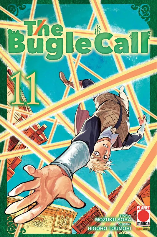 Copertina del manga The Bugle Call Vol. 11 edito da Planet Manga. L'illustrazione mostra in primo piano un giovane ragazzo dai capelli biondi, vestito con un gilet a quadri marrone e una camicia, che cade o si lancia a testa in giù dal cielo protendendo la mano verso l'osservatore. Il suo volto esprime urgenza e determinazione. Lo sfondo è un cielo azzurro solcato da un intricato reticolo di spessi raggi di luce gialla e arancione, che intersecano alcune strutture in legno. In alto spicca il titolo verde "T