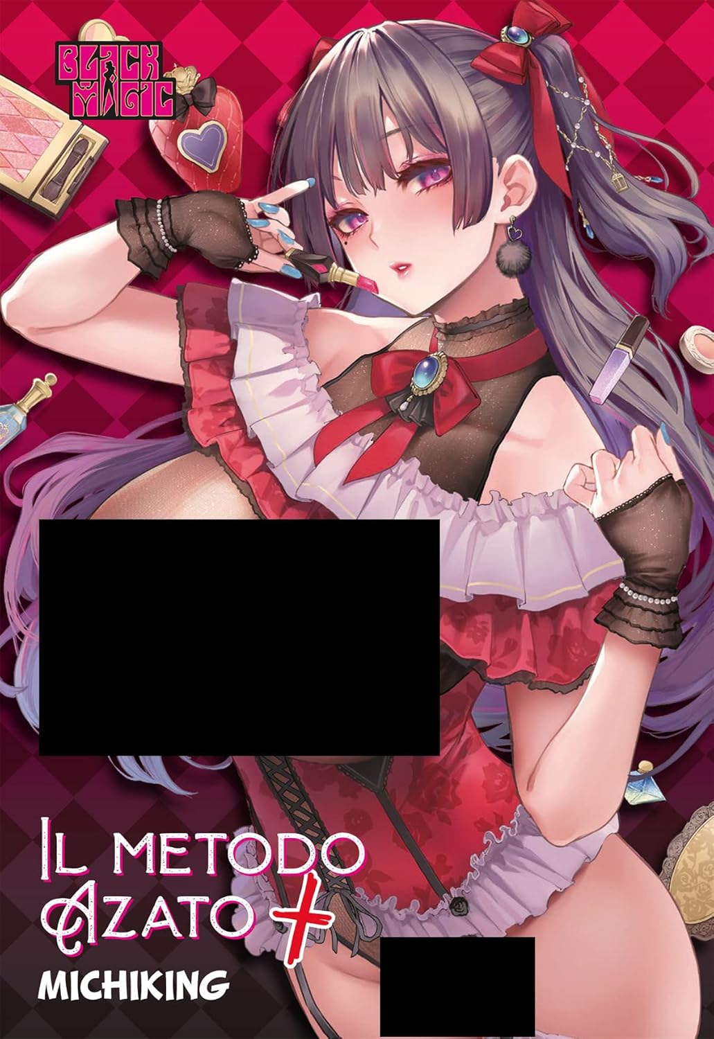 Copertina del manga Il Metodo Azato Plus di Michiking. Una ragazza con capelli scuri e fiocco rosso posa circondata da trucchi su uno sfondo a scacchi bordeaux.