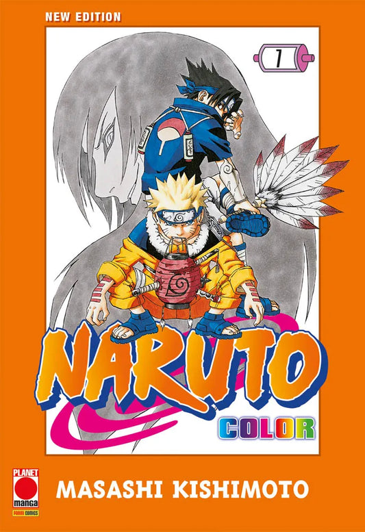 Copertina del settimo volume in italiano del manga 'Naruto Color New Edition' di Masashi Kishimoto, edito da Planet Manga. L'illustrazione della cover, incorniciata in arancione, mostra in primo piano Naruto Uzumaki accucciato con una lanterna rossa tra le gambe e Sasuke Uchiha alle sue spalle in posa da combattimento con un grande ventaglio di piume, sormontati dal volto inquietante in bianco e nero di Orochimaru sullo sfondo.