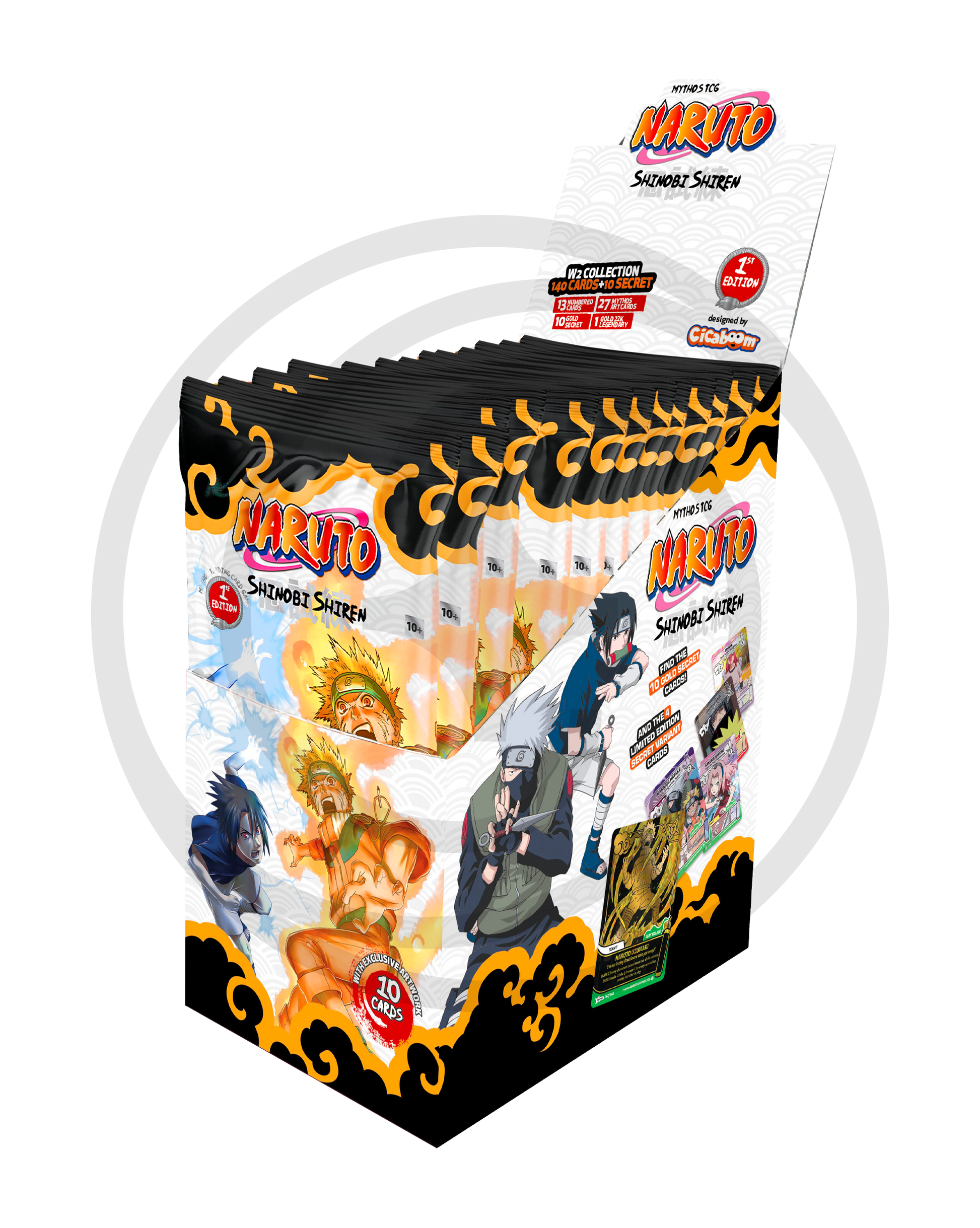 Box espositore (display box) intero di bustine del gioco di carte collezionabili Naruto Shinobi Shiren (Mythos TCG) di Cicaboom in prima edizione, caratterizzato da un design arancione e nero con illustrazioni dinamiche di Naruto in modalità Chakra, Sasuke e Kakashi.