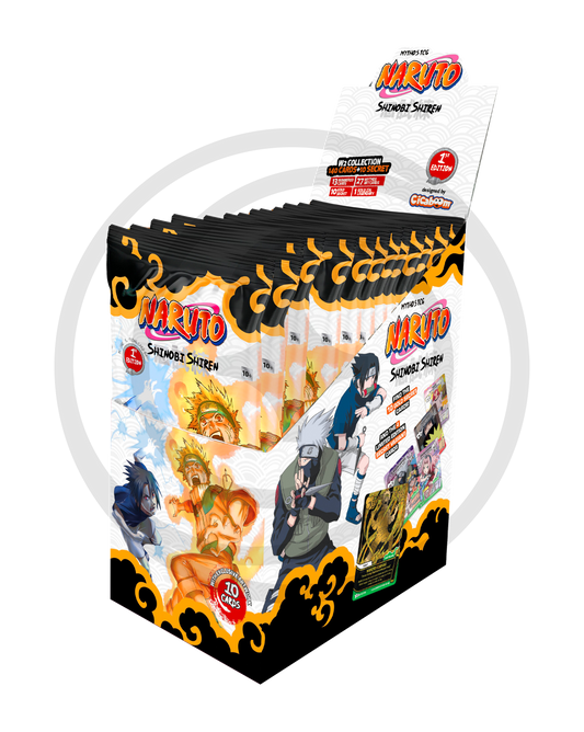 Box espositore (display box) intero di bustine del gioco di carte collezionabili Naruto Shinobi Shiren (Mythos TCG) di Cicaboom in prima edizione, caratterizzato da un design arancione e nero con illustrazioni dinamiche di Naruto in modalità Chakra, Sasuke e Kakashi.