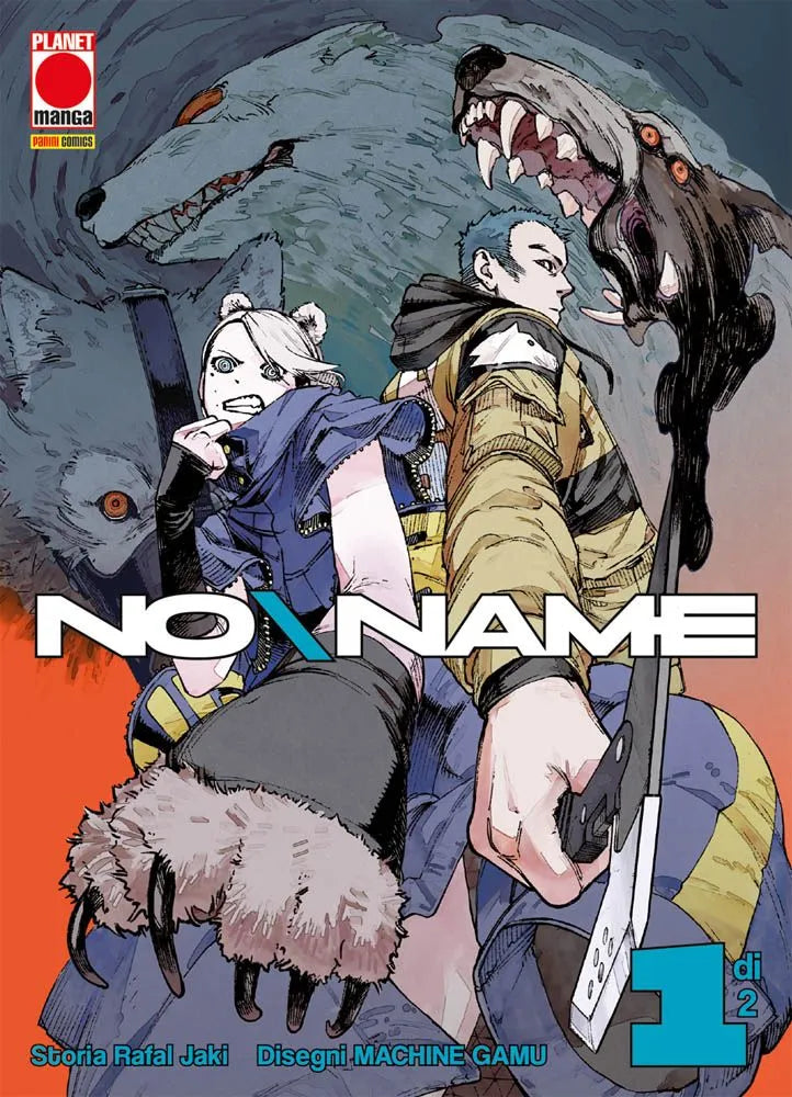 La protagonista Ursula (Ula) con guanti a forma di artigli d'orso e l'agente Ralf con una lama, si guardano le spalle a vicenda, mentre due lupi spettrali incombono su di loro, sulla copertina di No Name Vol. 1 (Panini Manga