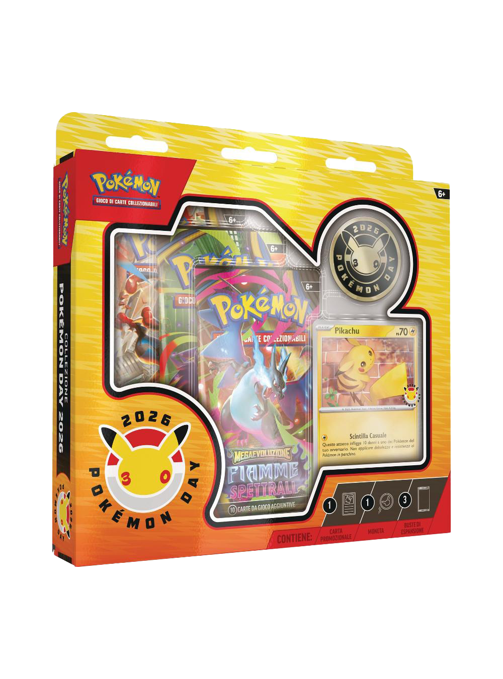 Confezione speciale Collezione Pokémon Day 2026 del GCC Pokémon; scatola gialla contenente una carta promozionale di Pikachu, una moneta commemorativa e tre buste di espansione.