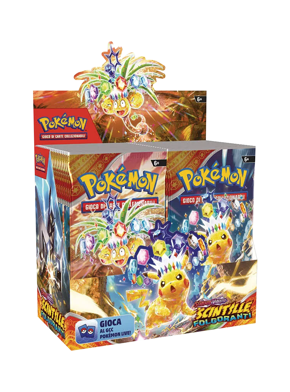 Pokémon: Scarlatto e Violetto - Scintille Folgoranti (Display Box 36 Bustine) - The Pokémon Company

L'energia del fenomeno Teracristal raggiunge nuove vette spettacolari con l'espansione Scintille Folgoranti! In questo attesissimo set della serie Scarlatto e Violetto, i giocatori e i collezionisti potranno ammirare il debutto del Pikachu-ex Teracristal Astrale, pronto a illuminare il campo di battaglia con un potere sfolgorante. Il Display Box è il prodotto definitivo per vivere appieno l'esperienza: al su