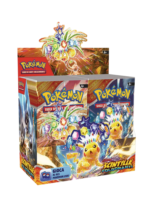 Pokémon: Scarlatto e Violetto - Scintille Folgoranti (Display Box 36 Bustine) - The Pokémon Company

L'energia del fenomeno Teracristal raggiunge nuove vette spettacolari con l'espansione Scintille Folgoranti! In questo attesissimo set della serie Scarlatto e Violetto, i giocatori e i collezionisti potranno ammirare il debutto del Pikachu-ex Teracristal Astrale, pronto a illuminare il campo di battaglia con un potere sfolgorante. Il Display Box è il prodotto definitivo per vivere appieno l'esperienza: al su