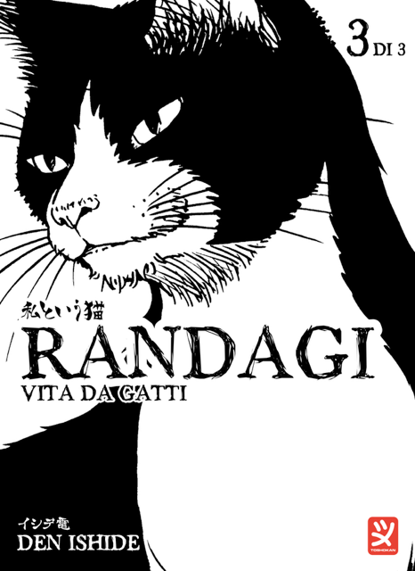 Copertina di Randagi Vita da Gatti 3. Primo piano ravvicinato in forte contrasto bianco e nero del muso di un gatto dallo sguardo intenso.