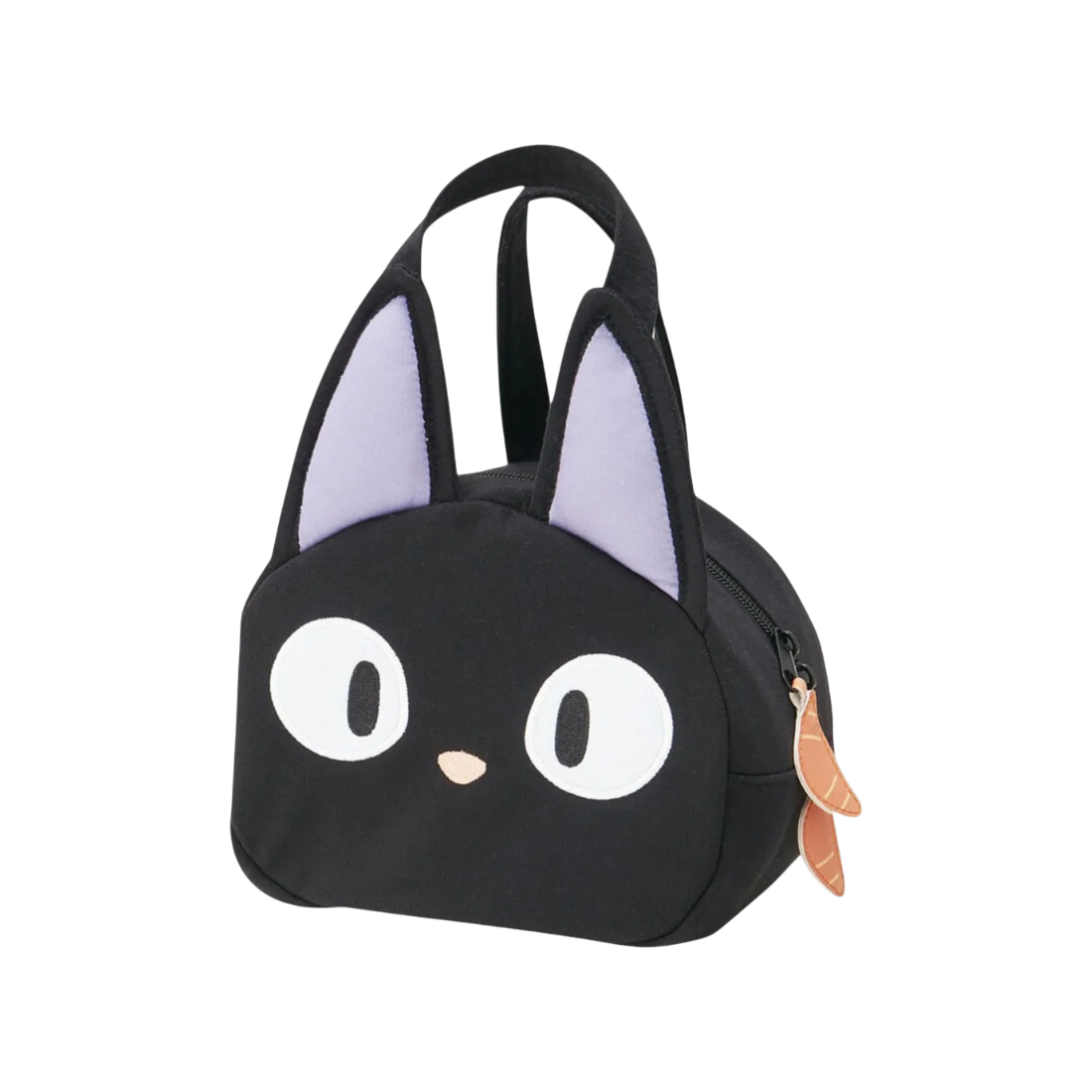Borsa porta pranzo nera a forma del gatto Jiji del film Studio Ghibli Kiki Consegne a Domicilio, con grandi occhi bianchi e orecchie sporgenti.