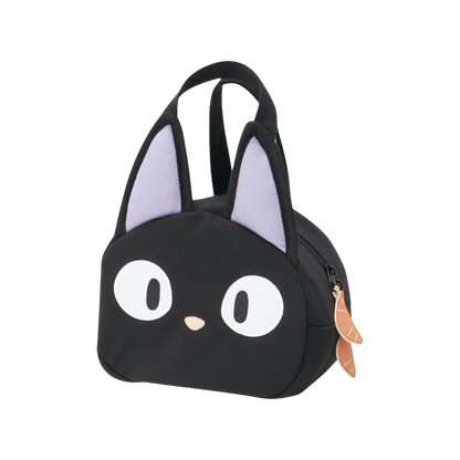 Borsa porta pranzo nera a forma del gatto Jiji del film Studio Ghibli Kiki Consegne a Domicilio, con grandi occhi bianchi e orecchie sporgenti.