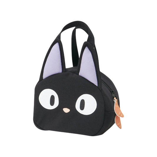 Borsa porta pranzo nera a forma del gatto Jiji del film Studio Ghibli Kiki Consegne a Domicilio, con grandi occhi bianchi e orecchie sporgenti.